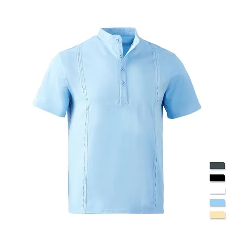 Heren Henley Shirt Korte Mouwen Opstaande Kraag Knoop Casual Zomer Top Ademend Polyester Mix Verticale Plooien