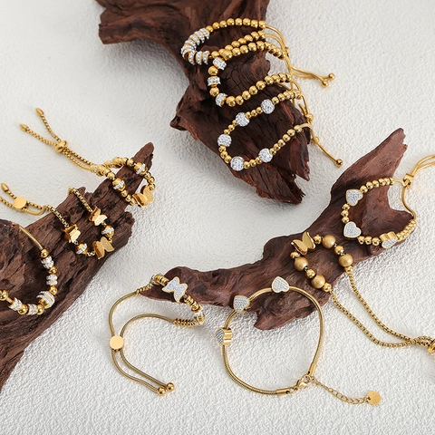 Bracciale Con Ciondolo A Farfalla E Cuore Di Moda Acciaio Al Titanio Placcato Oro Zirconia Perlato Gioielli Regolabili Per Donna