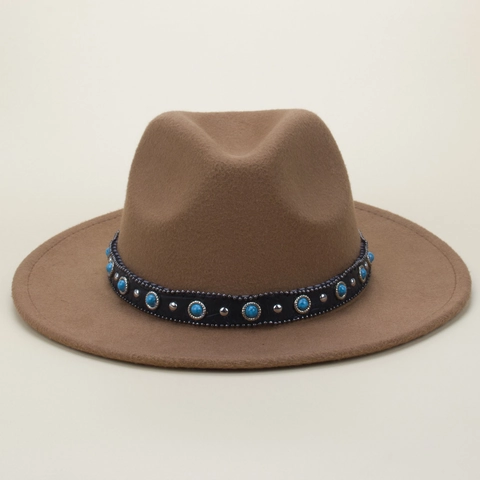 Fedora Hat Wool Felt Wide Brim Bohemian Western Cowboy Style With Turquoise And Rivet Decor Band For Unisex
