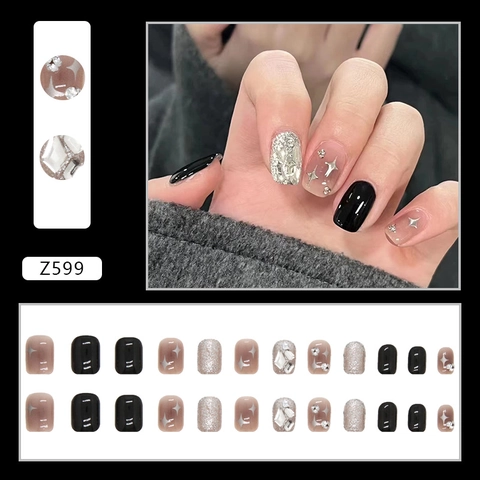 Kurze Eckige Künstliche Fingernägel Zum Aufdrücken Funkelnd Schwarz Diamant Sternmuster Süß Cool Ins Stil Fake Nails Set Mit Kleber Damen