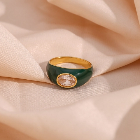 Vintage Roestvrij Staal 18K Vergulde Ovalen Strass Emaille Ring Voor Dames Retro Mode Geometrische Vingerring Sieraden