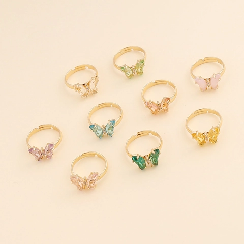 Anello Farfalla Rame Zircone Colorato Placcato Oro Regolabile Gioielli Di Moda Per Donna Stile Ins