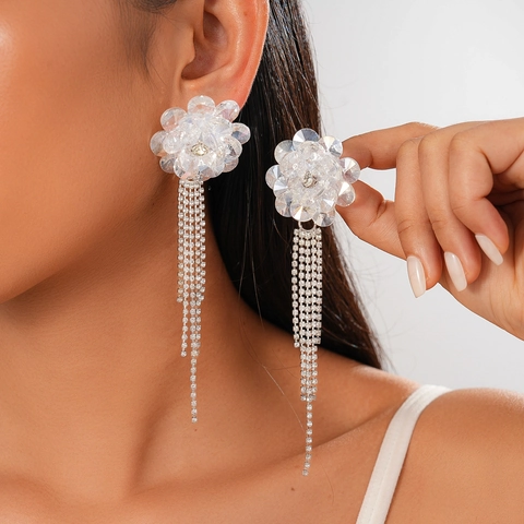 Pendientes De Borla De Flor Elegantes Aleación Cristal Diamante Imitación Flecos Largos Joyería Con Poste De Plata Para Mujer