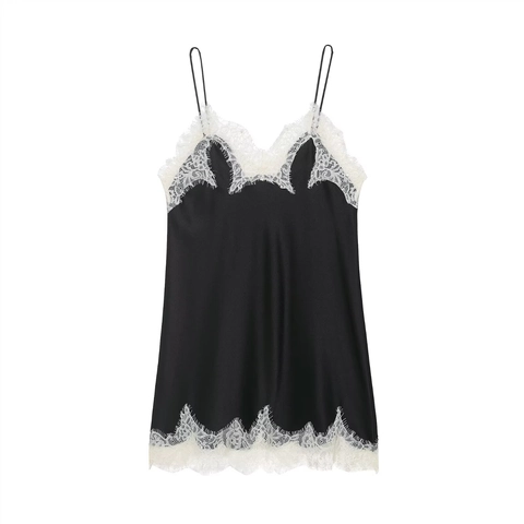 Sexy Satin Nachthemd V Ausschnitt Spaghettiträger Weißer Spitzenbesatz Schlafanzug Chemise Für Damen Schwarz Kontrast