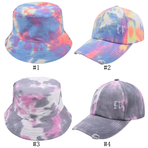Tie Dye Cotton Baseball Cap And Bucket Hat Distressed Worn Style Outdoor Sun Protection Ponytail Hole Fashion Accessory