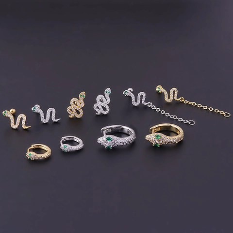 Slang Oorkraakbeen Piercing Studs Roestvrij Staal Koper Zirkoon Groene Ogen Trendy Gothic Dieren Sieraden