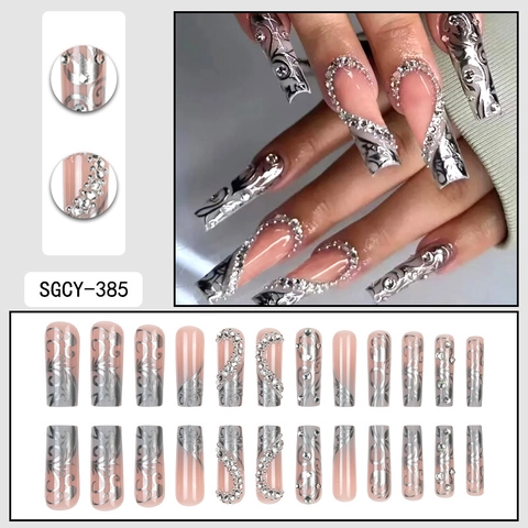 Long Square Press On Nails Silver Chrome Vintage Vine Patterns Nude Pink Gradient Sparkling Rhinestones Luxury Style Women