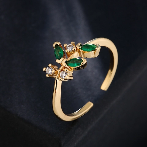Verstellbarer Kupferring 18K Vergoldet Grüner Zirkon Marquise Blatt Geometrisch Minimalistischer Modeschmuck Damen