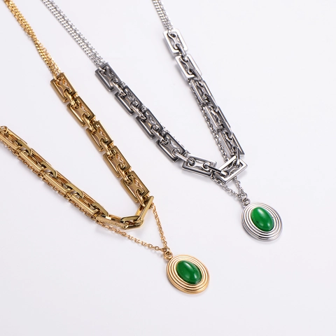 Collana Doppio Strato Retrò Acciaio Inossidabile 316L Pendente Pietra Preziosa Verde Ovale Catena Geometrica Estetica Donna