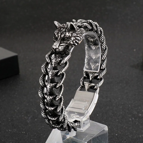 Pulsera De Cabeza De Lobo Para Hombre Acero Inoxidable 316L Punk Gótico Cadena Hueso De Dragón Color Plata Vintage Joyería Biker