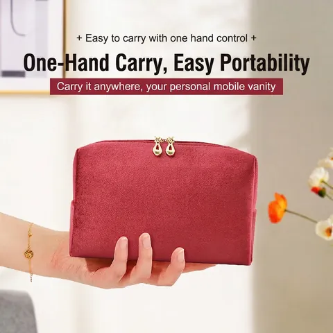 Velvet Cosmetic Bag Makeup Organizer Travel Toiletry Pouch Gold Double Zipper Portable Soft Handbag Storage Case