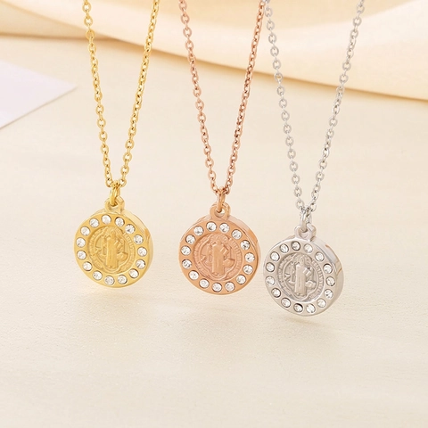 Saint Benedict Medal Pendant Necklace Stainless Steel Rhinestone Round Coin Religious Retro Jewelry For Women