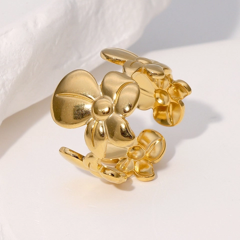 Flower Open Ring Stainless Steel Multiple Petal Floral Adjustable Statement Jewelry For Women Minimalist Style