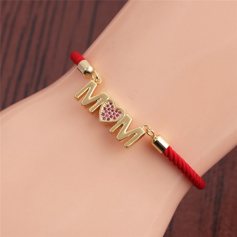 Bracciale Cuore MOM Rame Zircone Regolabile Corda Intrecciata Catena A Sfere Regalo Festa Della Mamma Gioielli