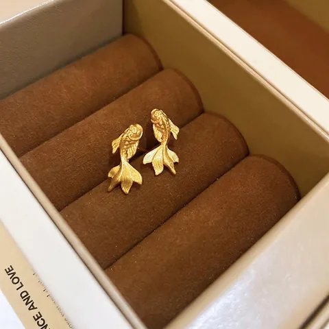 Goldfish Stud Earrings Copper Gold Plated With Silver Earring Post Matte Frosted Koi Fish Lifelike Elegant Vintage Jewelry