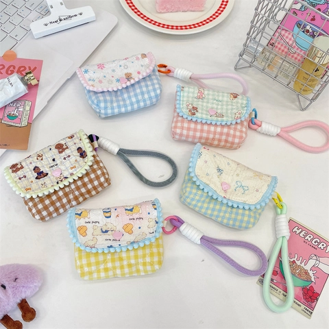 Mini Quilted Storage Bag Plaid Gingham Pattern Cartoon Animal Portable Travel Pouch For Earphones CCD Camera Cute INS Style