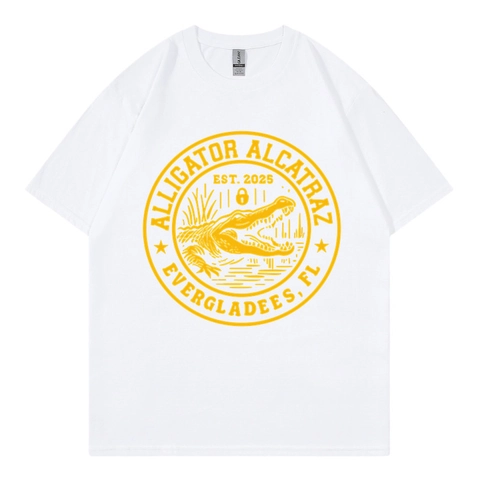 Men Cotton T-Shirt Alligator Alcatraz Print American Retro Round Neck Short Sleeve Casual Fashion Loose Fit
