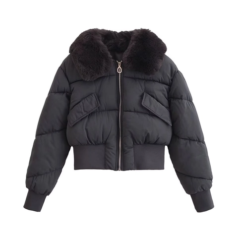 Women Puffer Jacket With Faux Fur Collar Warm Winter Padded Coat Zip Up Short Outerwear Ribbed Cuffs Solid Color