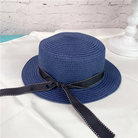 Women Flat Top Straw Boater Hat Elegant Bowknot Ribbon Sun Protection Summer Beach Travel Outdoor Wide Brim Weaving Hat