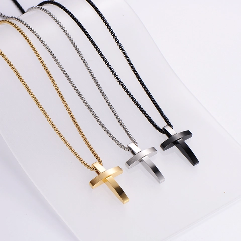 Collar Con Colgante De Cruz Minimalista Acero Inoxidable 316L Pulido Cadena De Caja Joyería Religiosa Para Hombre Mujer