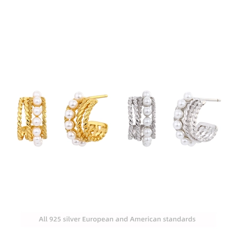 Pendientes De Perlas Artificiales Con Diseño De Cuerda Retorcida En Forma De C Plata De Ley 925 Joyería Clásica Francesa Para Mujer