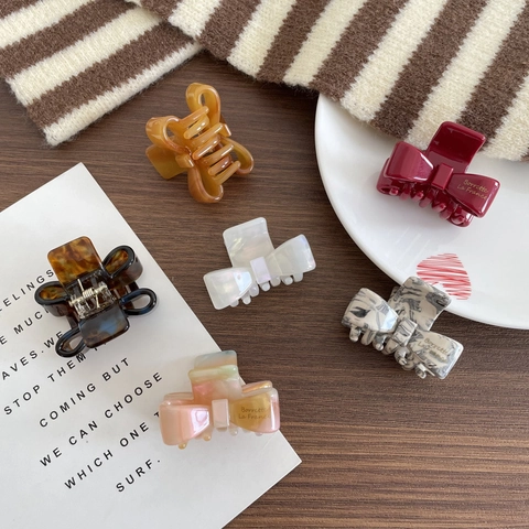 Acetate Bow Hair Claw Clip Small Sweet French Style Marble Tortoiseshell Pattern Barrette Accessory For Women