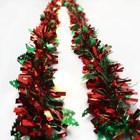 Guirnalda De Oropel De Navidad Con Luces LED PET Reflectante Rojo Verde Decoración De Fiesta Con Pequeños Recortes De Árboles