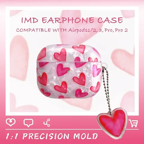 Funda para Auriculares Inalámbricos con Patrón de Corazón y Textura de Concha de Perla con Colgante de Corazón IMD Cubierta Protectora de TPU Suave