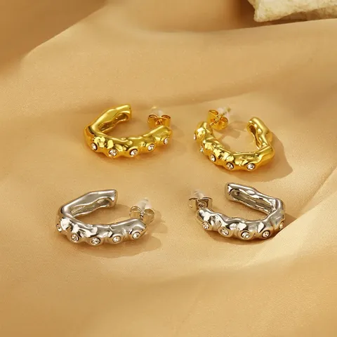 Retro C Shaped Hoop Earrings For Women French Style Titanium Steel Irregular Hammered Texture Inlaid Zircon Jewelry