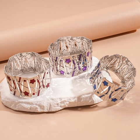 Bracciale Rigido Largo In Lega Donna Smalto Motivo A Stelle Geometrico Elastico Personalizzato Punk Gioielli