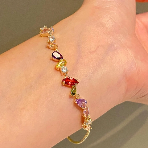 Colorful Cubic Zirconia Bracelet Copper 18K Gold Plated Teardrop Marquise Stones Adjustable Jewelry Women Luxury Style