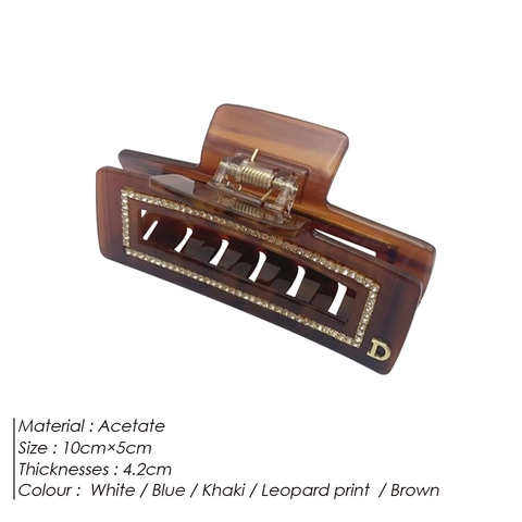 Rectangle Acetate Hair Claw Clip With Rhinestone And Metal D Letter Vintage Leopard Marble Pattern Shark Clip For Women