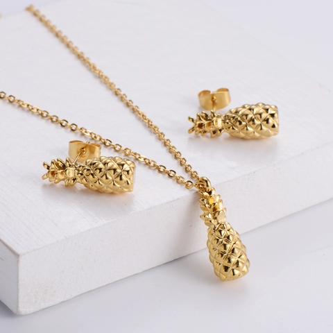 Ananas Anhänger Halskette Und Ohrstecker 18K Vergoldeter 316 Edelstahl Tropische Frucht Für Damen