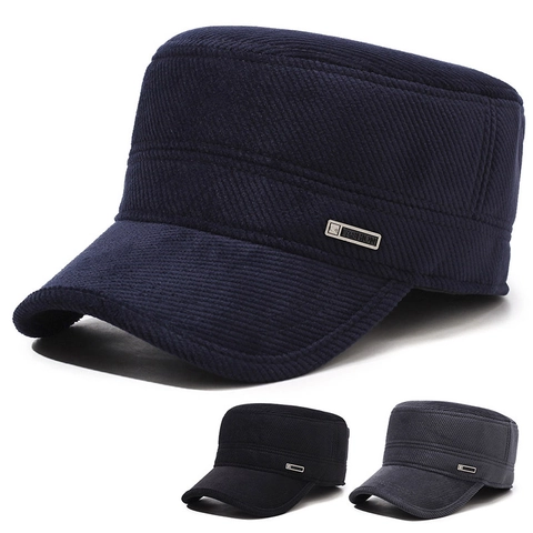 Gorra Militar De Pana Para Hombre Sombrero Plano Cálido De Invierno Con Protección Para Oídos Ajustable