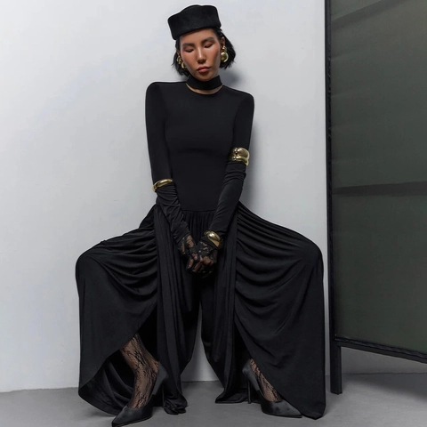 Women Jumpsuit Long Sleeve Mock Neck Ruched Backless Slim Fit Polyester Harem Wide Leg Pants Sexy Clubwear Streetwear