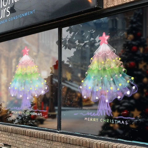 Weihnachtsbaum Fensteraufkleber Statisch Haftend PVC Regenbogen Doppelseitig UV Druck Merry Christmas Glasdekor