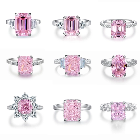 925 Sterling Silver Pink Zirconia Ring For Women Luxurious Heart Pear Emerald Cut Engagement Wedding Band Fashion Jewelry