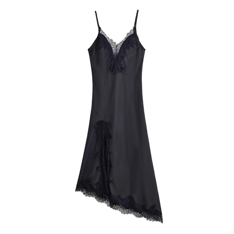 Satin Cami Kleid Spitze V-Ausschnitt Spaghettiträger Einfarbig Schwarz Sexy Elegantes Midi-Kleid Für Damen