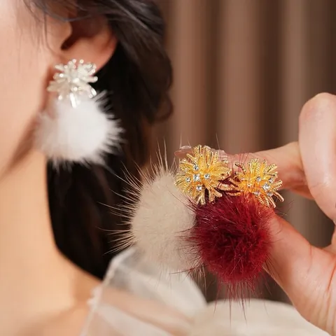 Firework Zircon Faux Fur Pom Pom Earrings Alloy With Silver Earring Post Winter Elegant Fashion For Women