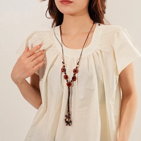 Collier Long Bohème Perles En Bois Pendentif Rond En Résine Gland Style Ethnique Vintage Chaîne Pull Pour Femmes