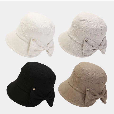 Women Bucket Hat Textured Polyester Sun Protection Foldable Portable Large Bow Decoration Elegant Summer Beach Sun Hat