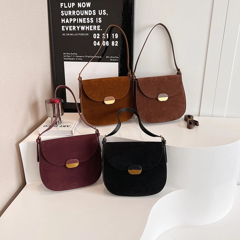 Dames Vintage Mat PU Leren Crossbody Tas Suède Textuur Zadeltas Schoudertas Okseltas Met Metalen Gesp Retro Stijl