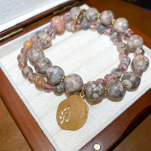 Zweilagiges Perlenarmband Naturstein Lila Glaskristall Blatt Baum Anhänger Retro Eleganter Schmuck Für Damen