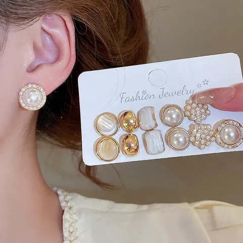 Stud Earrings For Women With 925 Sterling Silver Earring Post Alloy Imitation Artificial Pearl Geometric French Elegant Fashion Jewelry