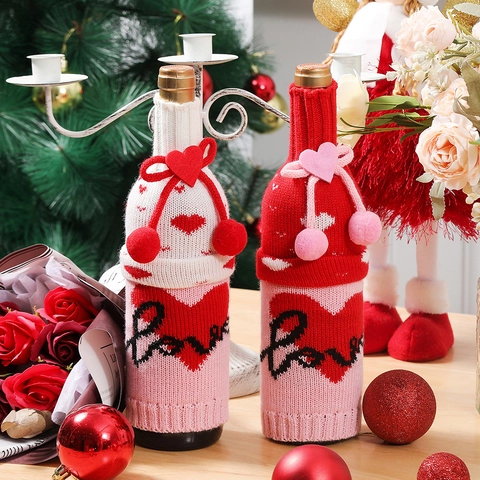 Romantic Heart Love Knitted Wine Bottle Covers Acrylic Yarn Festive Table Decor For Valentine Wedding Anniversary