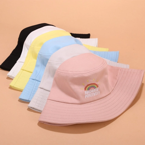 Cappello Da Pescatore In Cotone Ricamo Arcobaleno Slogan Radiate Positivity Protezione Solare Outdoor Unisex Casual