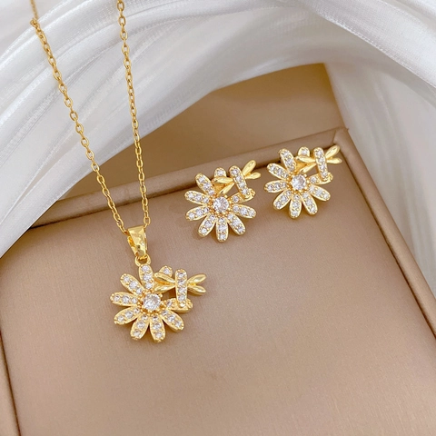 Daisy Dragonfly Jewelry Necklace And Earrings Copper Zircon Gold Plated Stainless Steel Chain Elegant Women Fashion