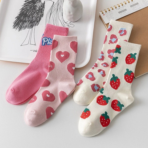 Women Japanese Cute Mid-calf Socks Polyester Pink White Heart Strawberry Pattern Letters Breathable Fashion Crew Socks