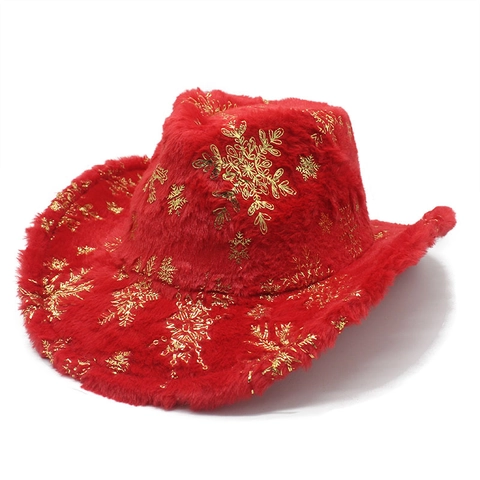 Chapeau De Cowboy De Noël En Peluche Fausse Fourrure Motif Flocon De Neige Plume Accessoire De Costume De Fête