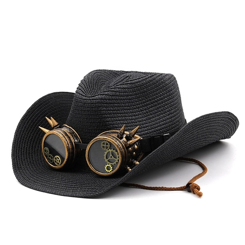 Chapeau De Cowboy En Paille Steampunk Avec Lunettes Décoratives Engrenages Pointes Style Western